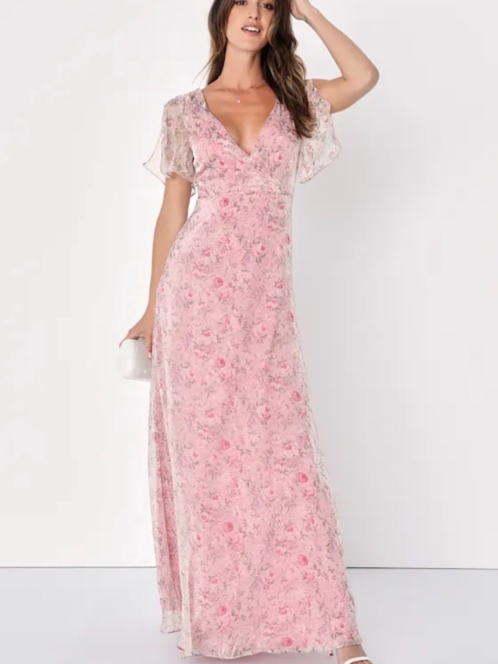 Lulus NWT Dreamiest Desires Pink Floral Flutter Sleeve Maxi Dress XL